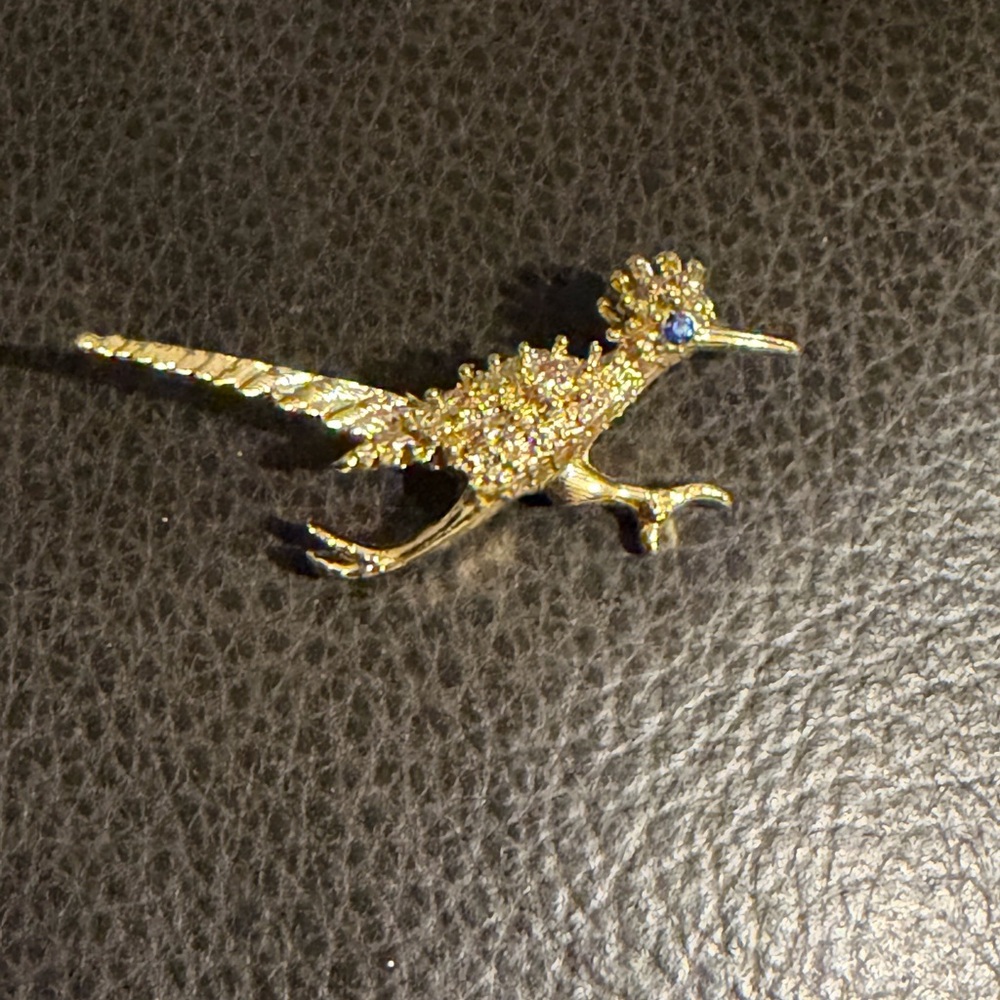 VINTAGE Roadrunner Bird BROOCH PIN Blue Crystal Eye